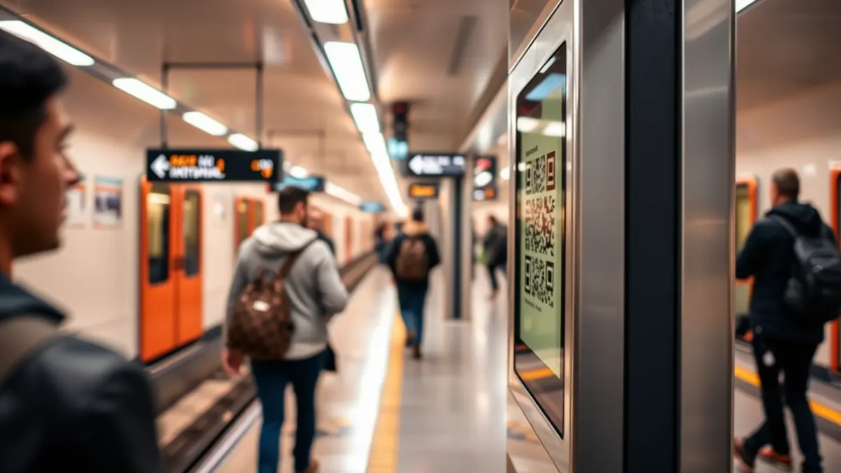 Image of a digital screen in a Madrid metro station displaying a QR code for employment information.