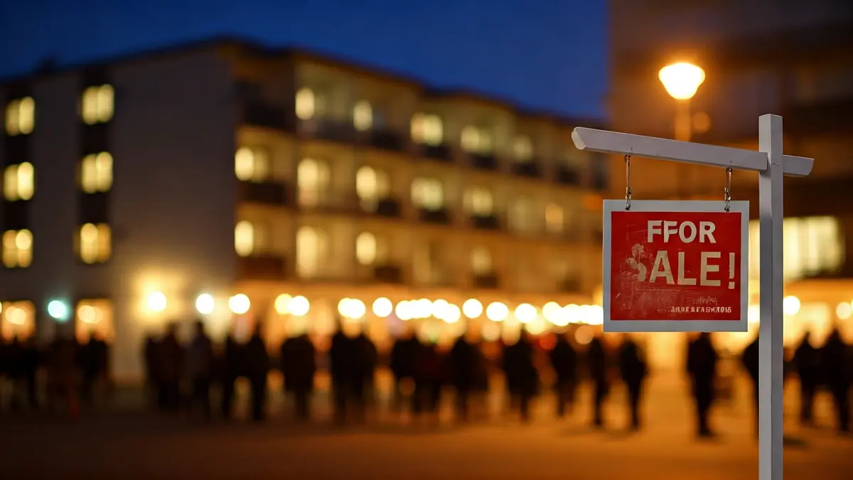 Imagen genérica de un cartel de 'se vende' frente a un edificio de apartamentos, simbolizando el mercado inmobiliario.