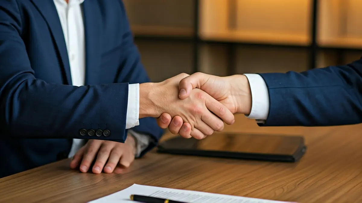 Imagen genérica de un apretón de manos en un entorno de oficina, simbolizando una transacción inmobiliaria.