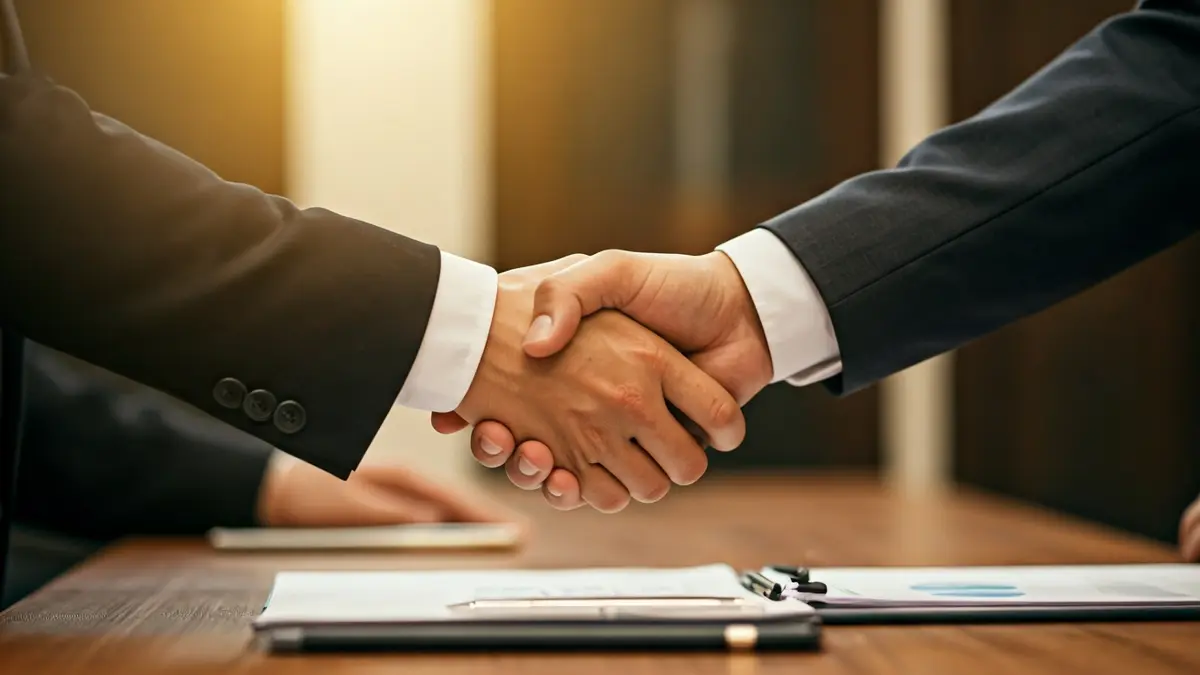 Generic image of two people shaking hands in an office setting, symbolizing job creation.