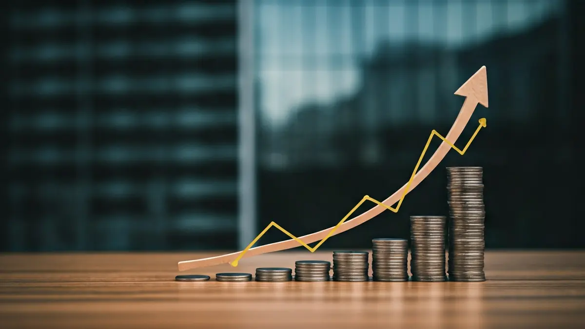 Imagen genérica de crecimiento económico con gráficos y monedas.