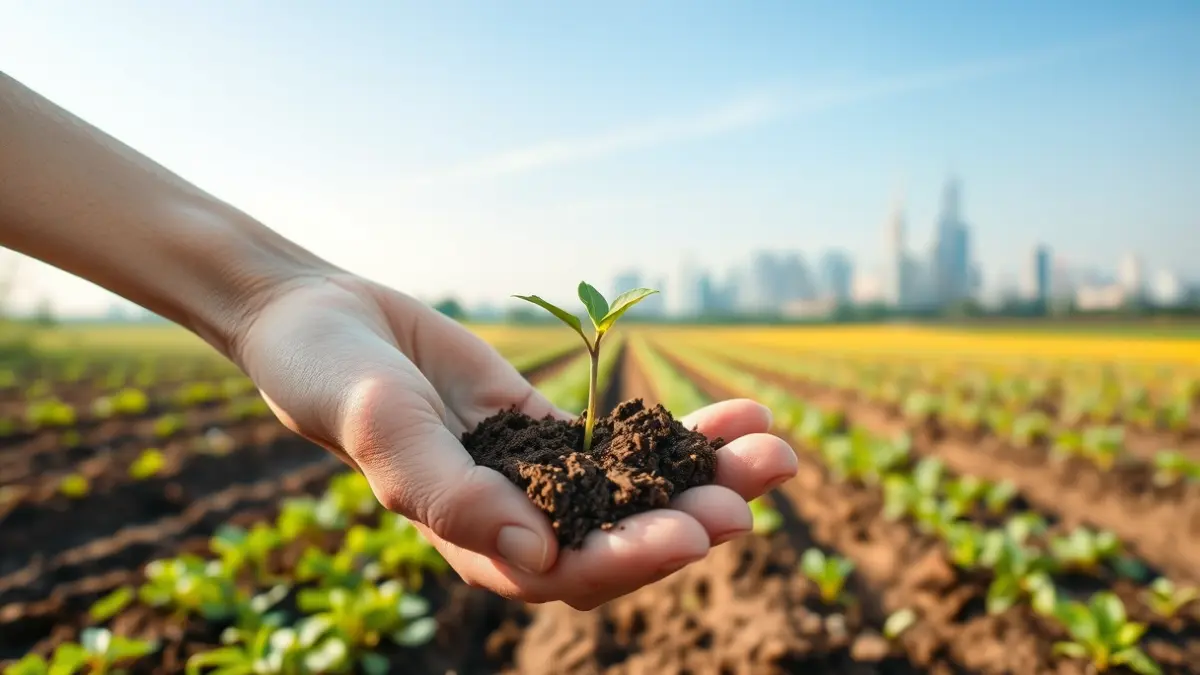 Image of a hand holding a plant sprout in soil, with agricultural fields and a city in the background.