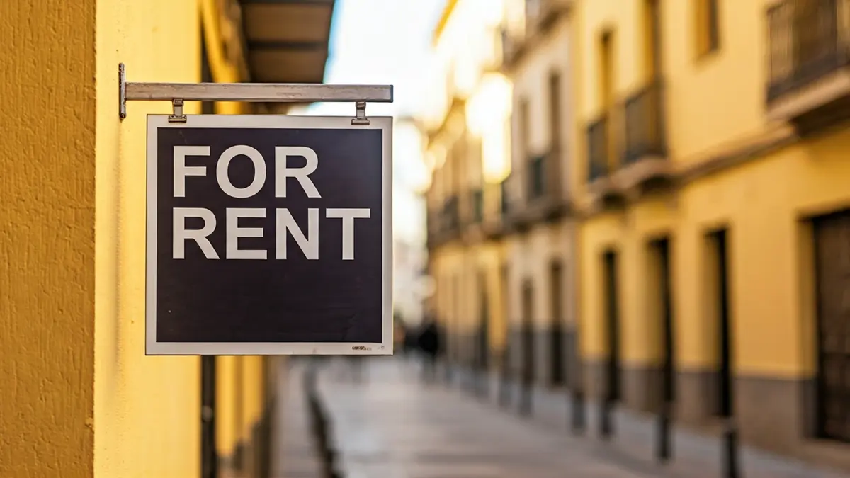 Cartel de 'Se Alquila' en un edificio andaluz, simbolizando el mercado de viviendas turísticas.