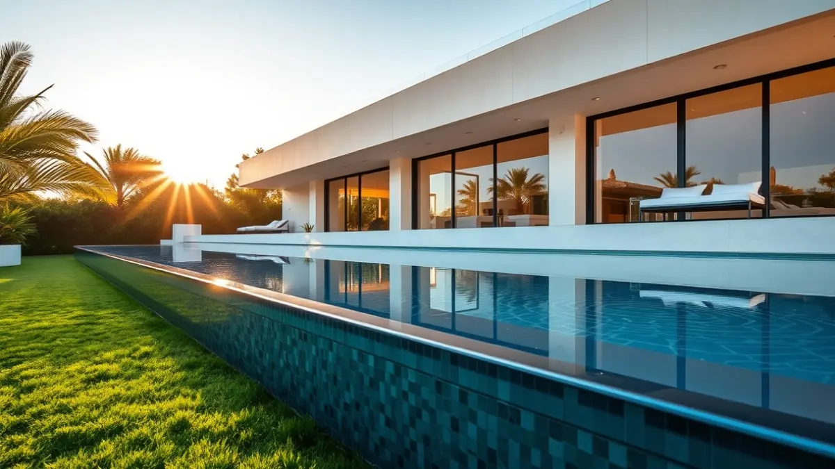 Facade of a modern luxury villa with a swimming pool on the Costa del Sol.