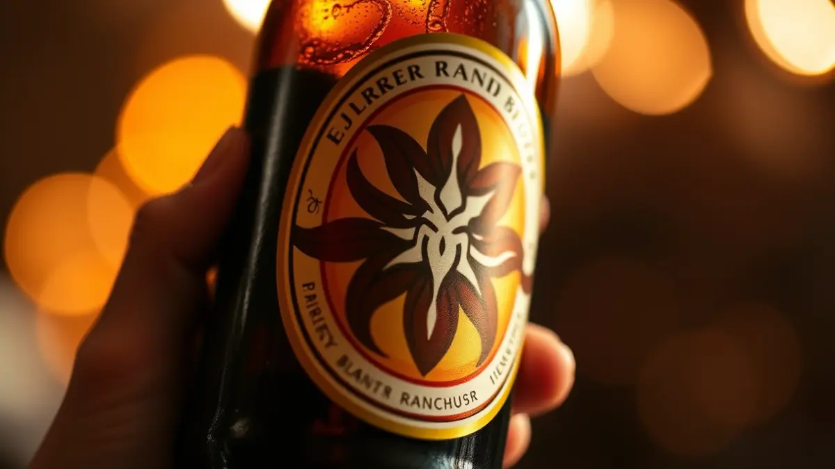 Botella de cerveza con una etiqueta especial, sostenida por una mano en un ambiente festivo.