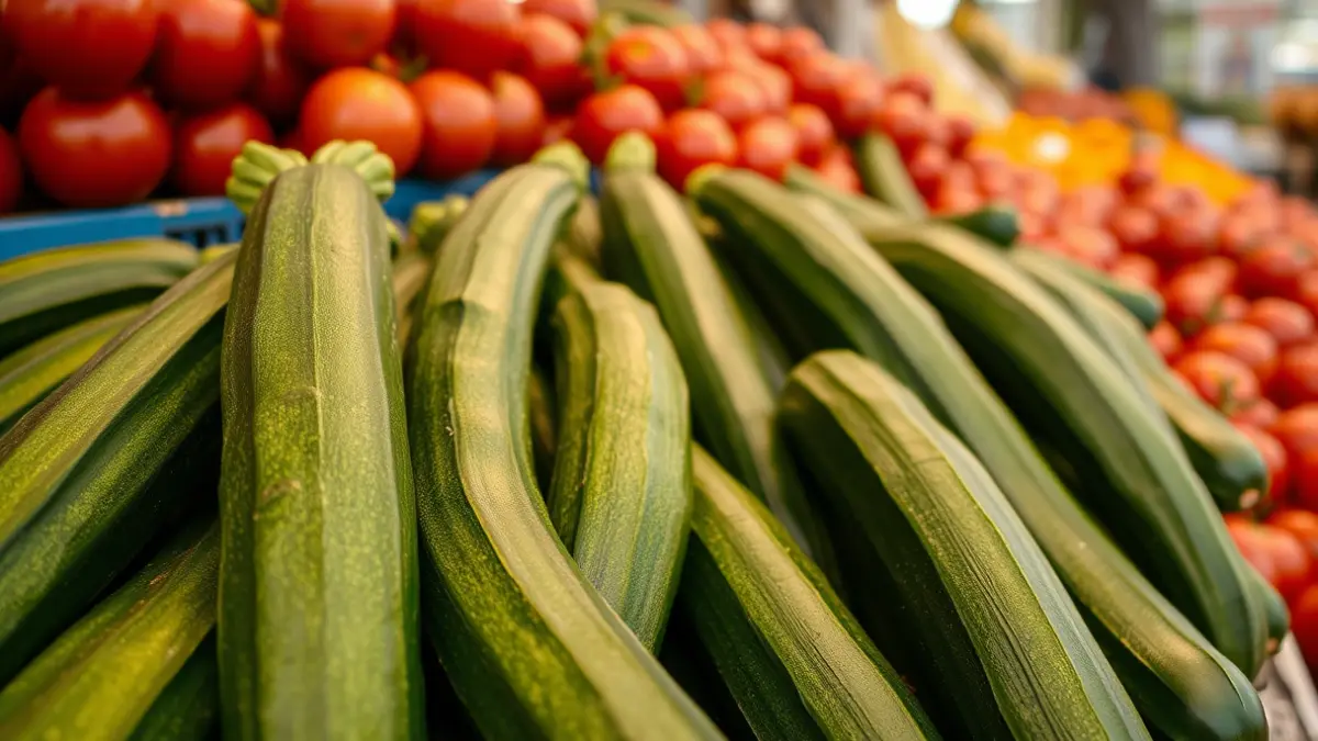 Imagen genérica de calabacines y tomates frescos en un mercado.
