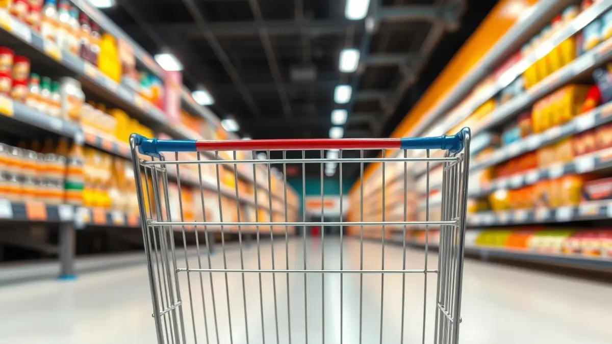 Generic image of a shopping cart in a supermarket aisle, with blurred shelves in the background.