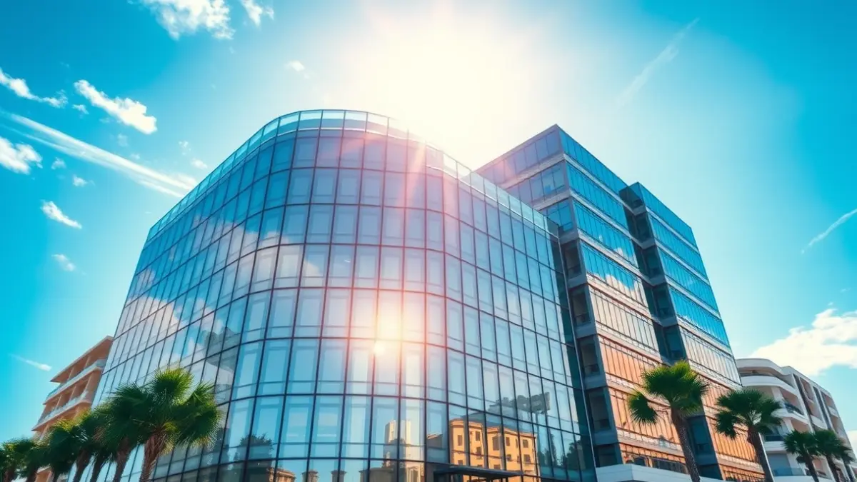 Generic image of a modern office building in a Mediterranean city, symbolizing business expansion.