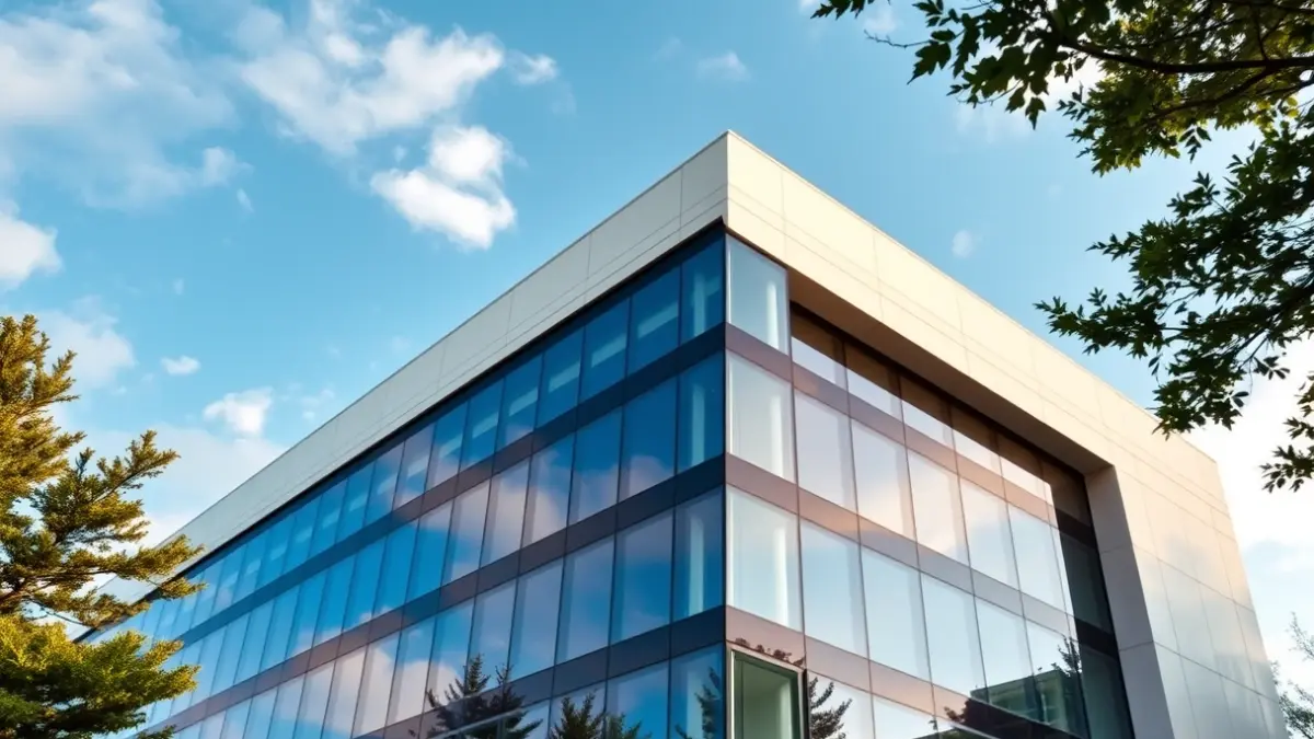 Imagen genérica de un edificio de oficinas moderno en una ciudad mediterránea, con reflejos del cielo azul.