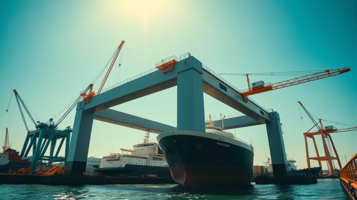 Image of a floating dry dock in a port, with industrial cranes and a ship.