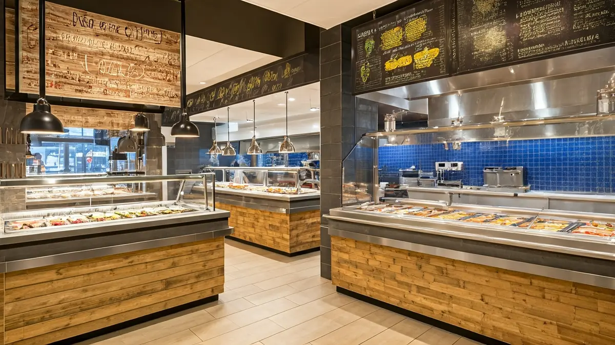 Generic image of a modern restaurant interior with diverse food stations.