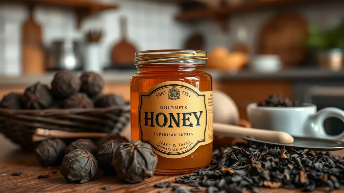 Image of a honey jar with a luxury label, surrounded by gourmet ingredients.
