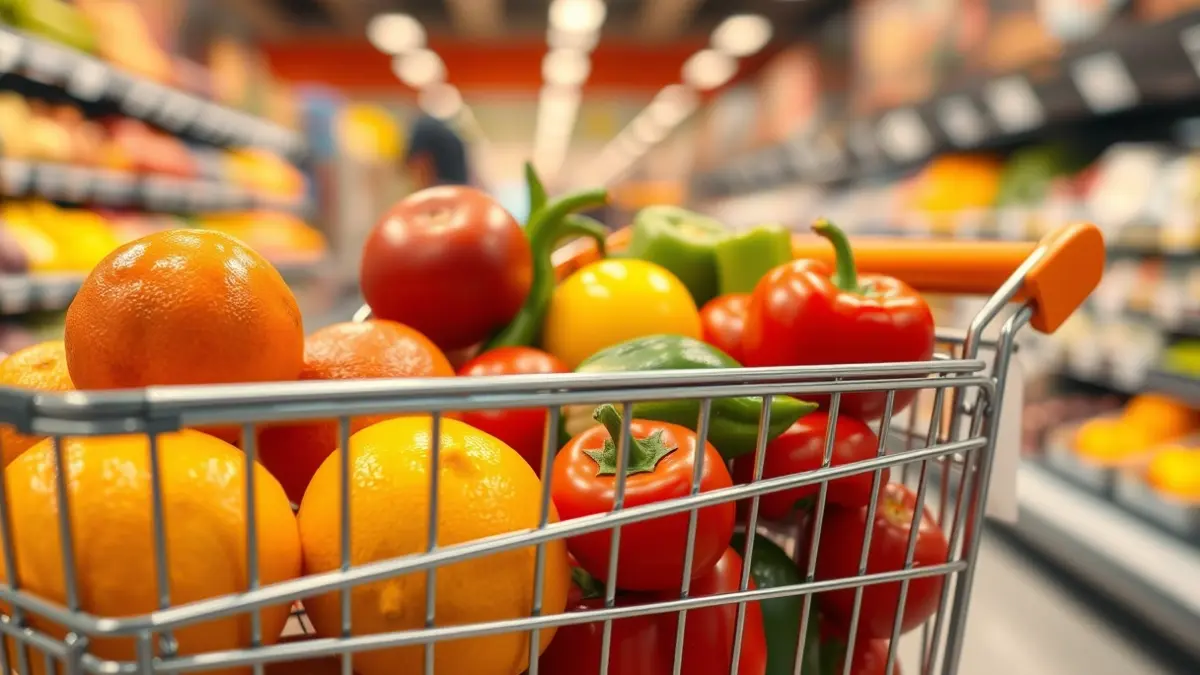 Generic image of a shopping cart full of fresh produce in a supermarket.