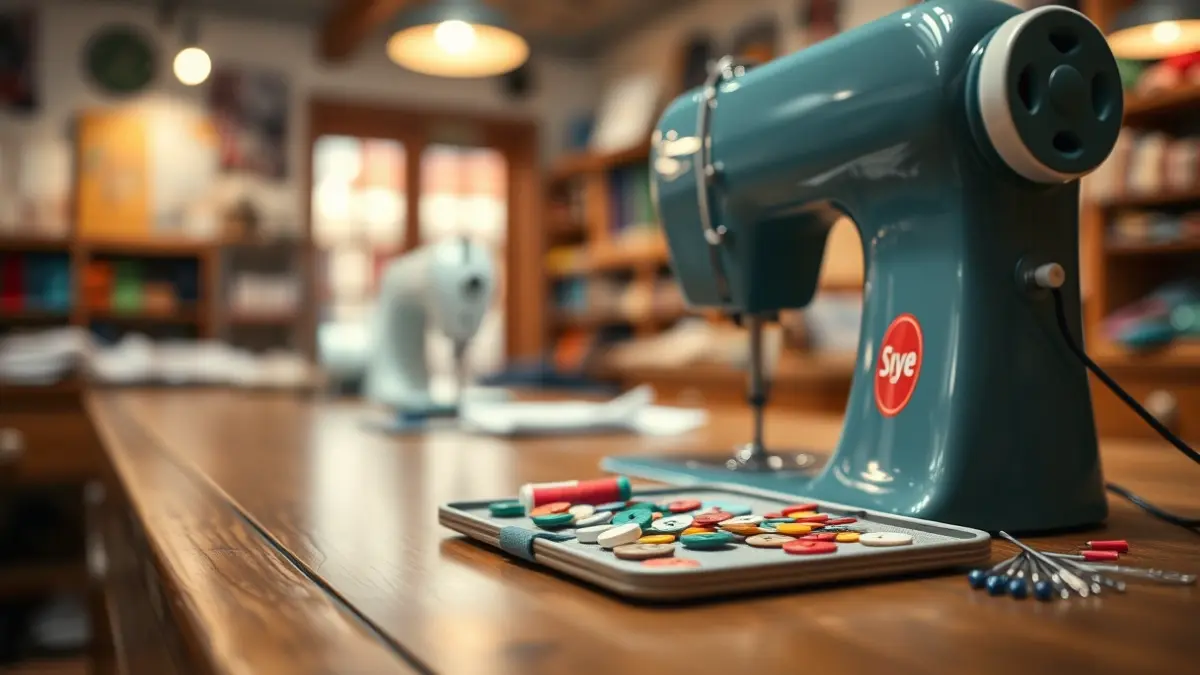 Imaxe xenérica dun kit de costura con fíos e botóns, nun mostrador de madeira.