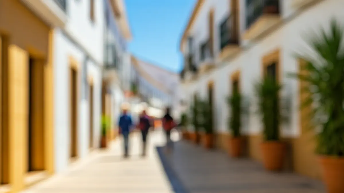 Imagen de una calle típica andaluza con edificios blancos y flores, reflejando el ambiente turístico.