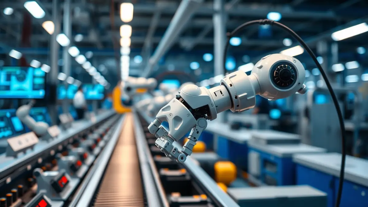 Imagen genérica de un brazo robótico en una línea de producción industrial, con pantallas digitales en el fondo.