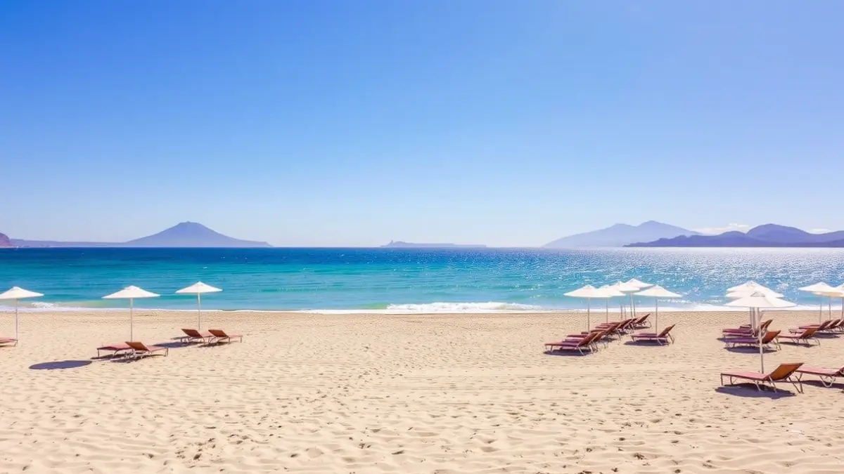 Generic image of a beach with sun loungers and parasols.