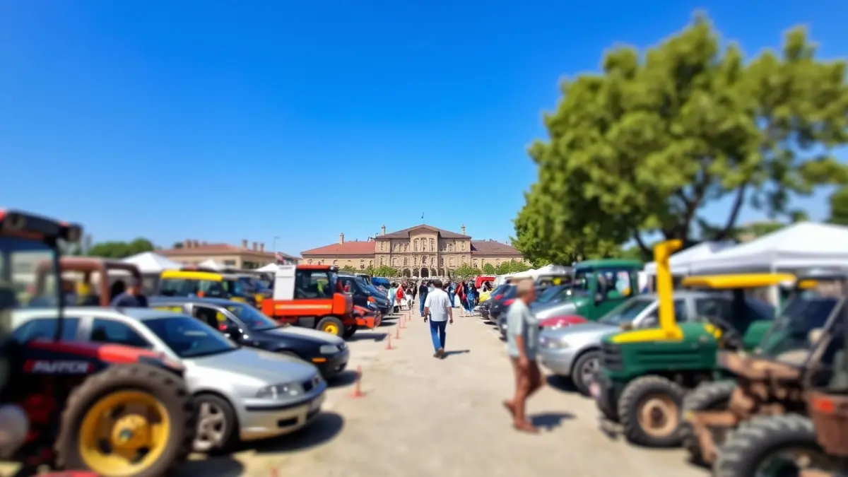 Image of an outdoor vehicle and machinery fair with exhibitors and visitors.