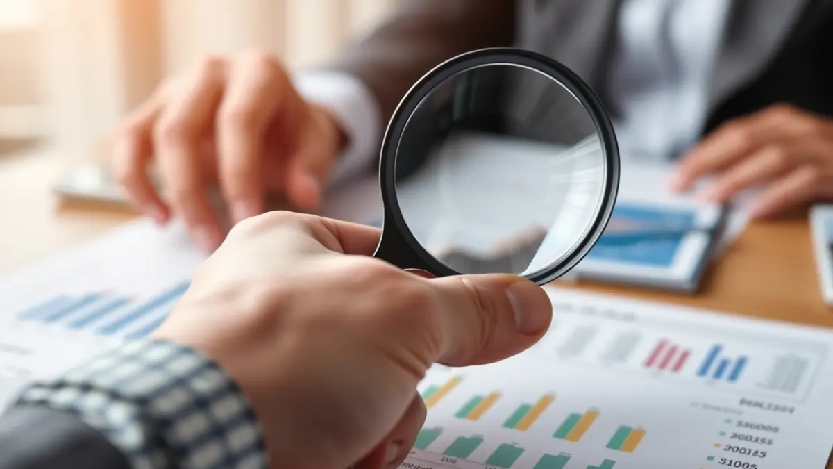 Imaxe xenérica dunha man sostendo unha lupa sobre un documento financeiro.