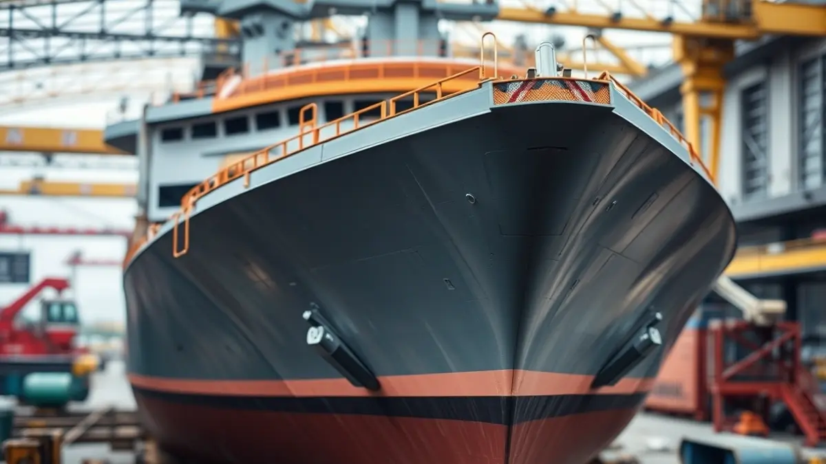 Imagen de un buque naval en construcción en un astillero, con maquinaria industrial al fondo.