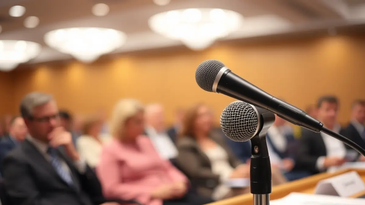 Imagen genérica de un micrófono en un podio, representando una asamblea o negociación.