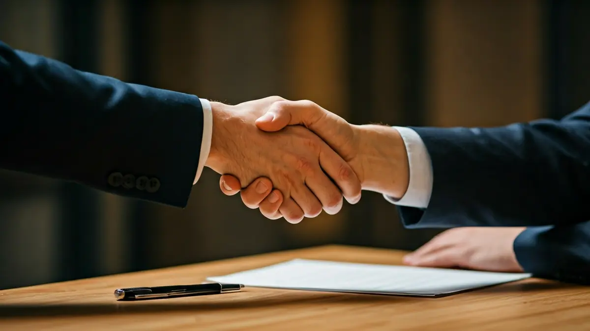 Imagen genérica de dos manos estrechándose sobre una mesa, simbolizando un acuerdo o negociación.