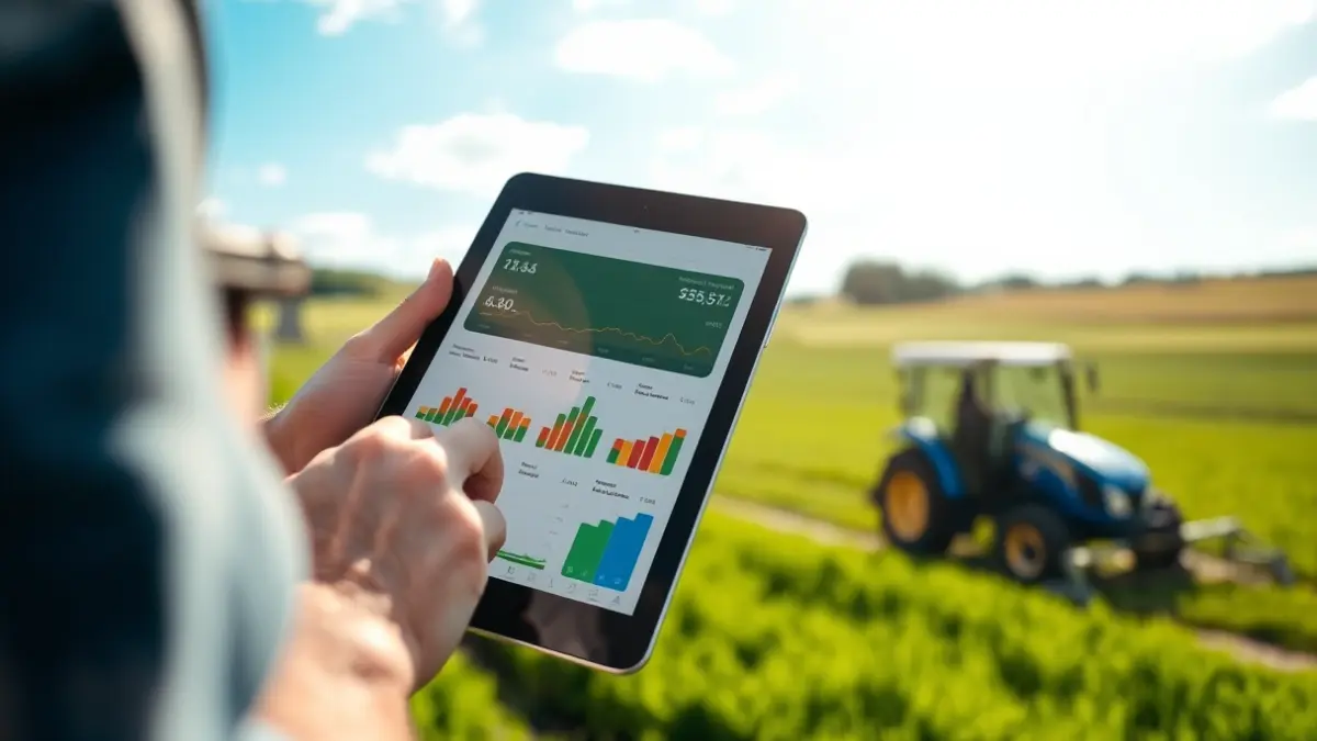A farmer's hand holding a tablet displaying agricultural data, with green fields and modern machinery in the background.