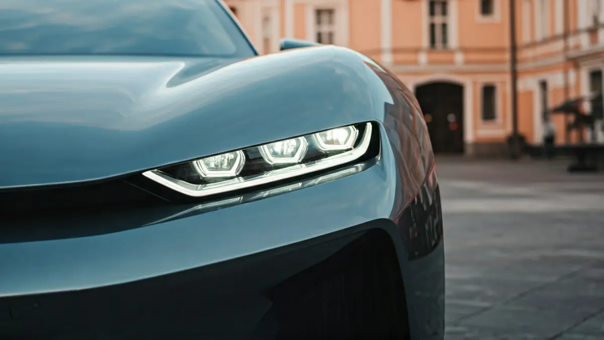 Image of an angular front headlight of an electric car, with a futuristic design.