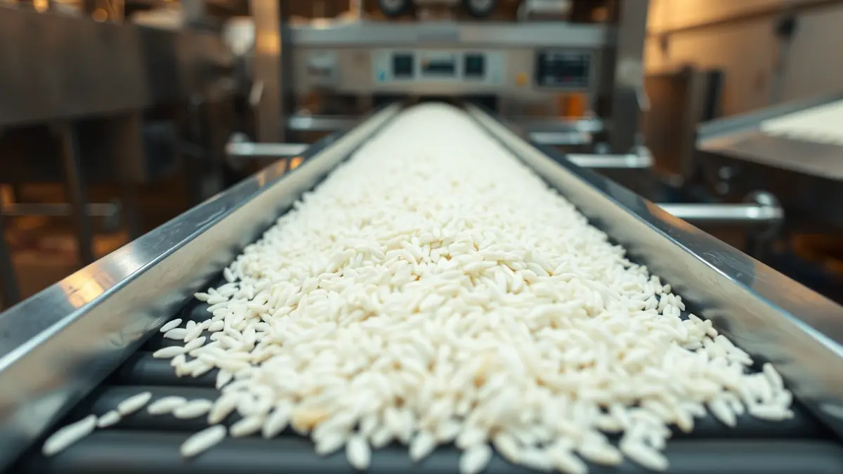 Imagen de arroz siendo procesado en una fábrica moderna.