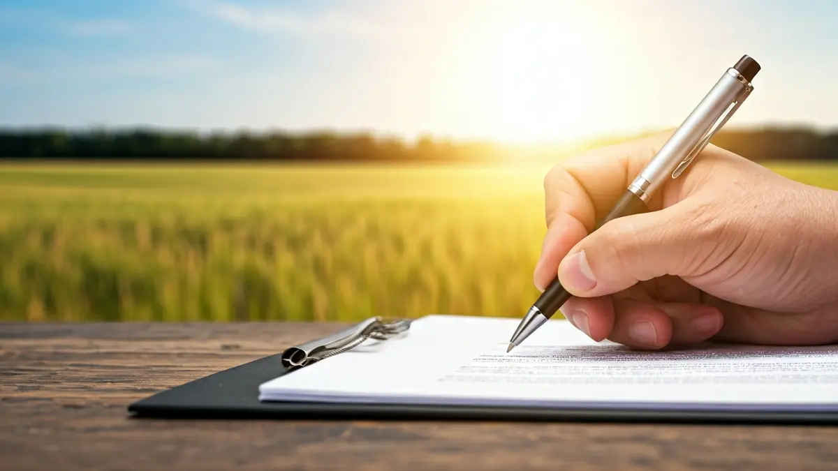 Imagen genérica de un documento de inversión con un paisaje agrícola de fondo.