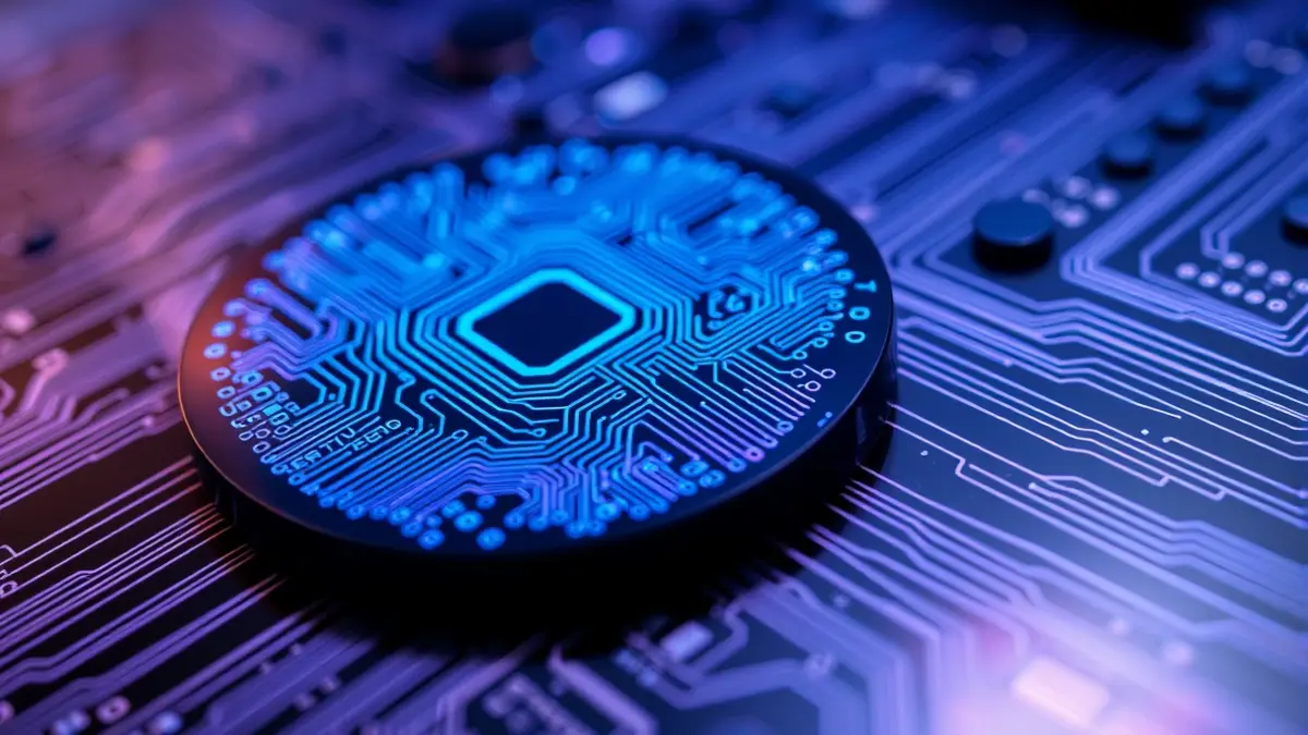 Imagen genérica de un chip fotónico con circuitos complejos y luces azules, representando la tecnología de semiconductores.