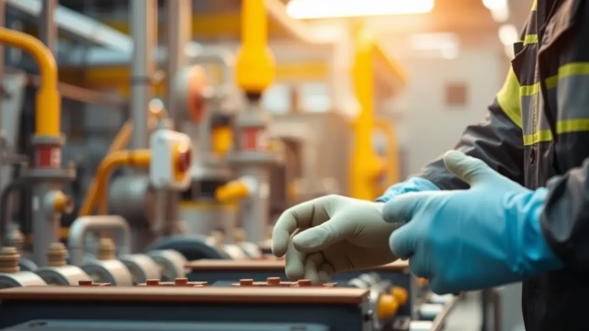 Imagen genérica de un operario trabajando en una planta química, con guantes de protección y maquinaria industrial desenfocada al fondo.