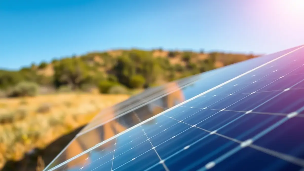 Imagen genérica de paneles solares en un campo, con vegetación mediterránea al fondo.