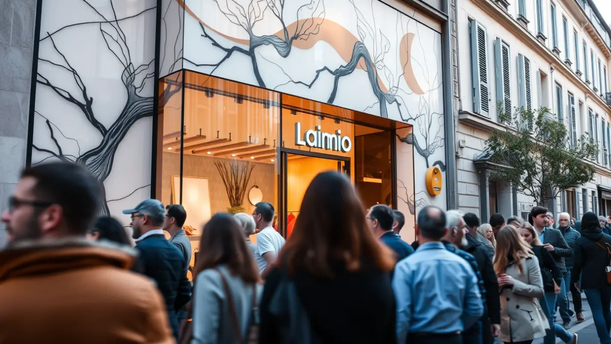 Image of the queue of people at the opening of the new Nude Project store in Barcelona.