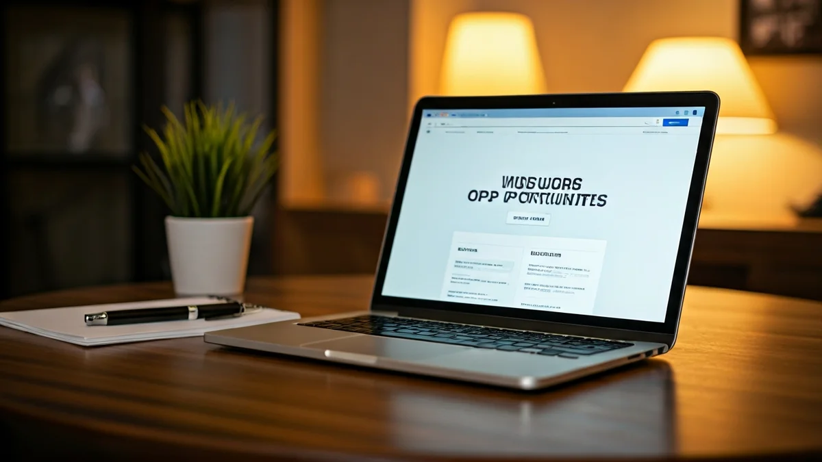 Imagen genérica de un escritorio con un ordenador portátil mostrando ofertas de empleo.