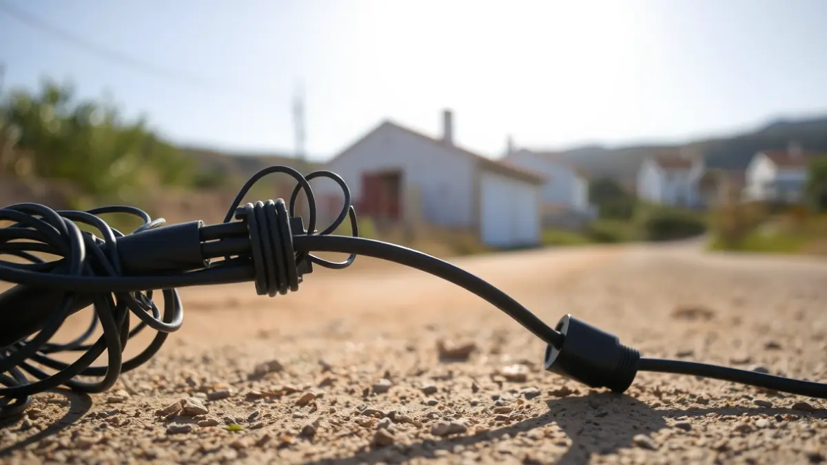 Image of a damaged network cable in a rural Andalusian setting, symbolizing internet service disruption.