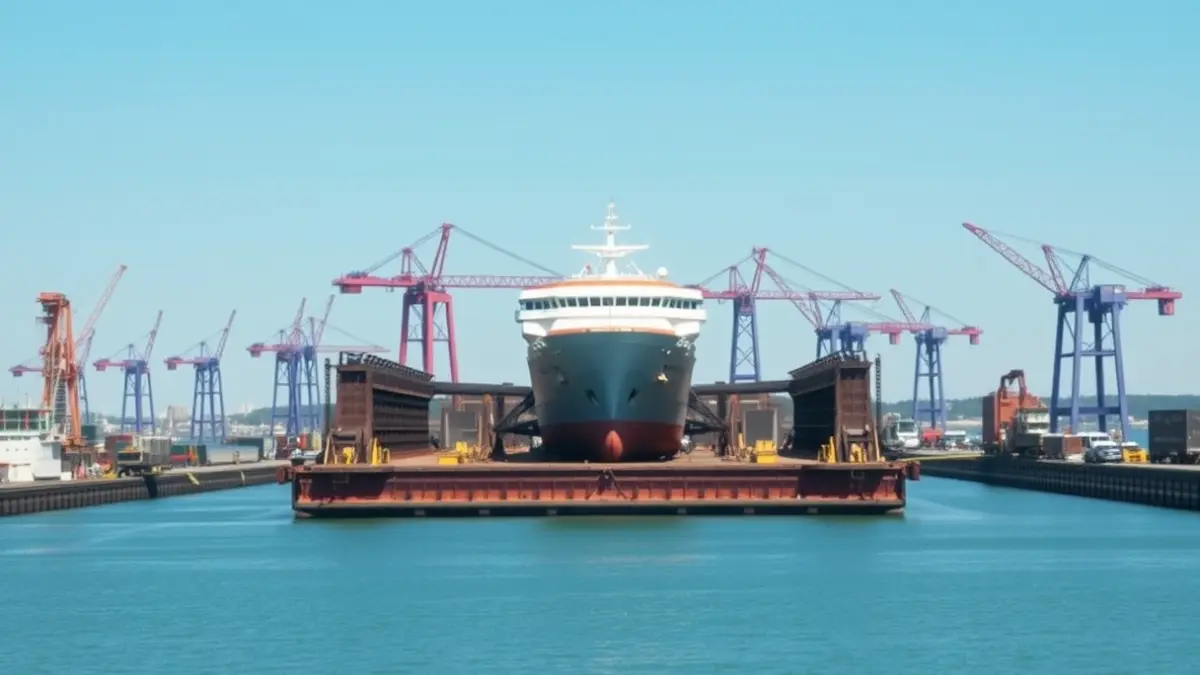 Imagen de un dique flotante con un barco en reparación en un puerto industrial.
