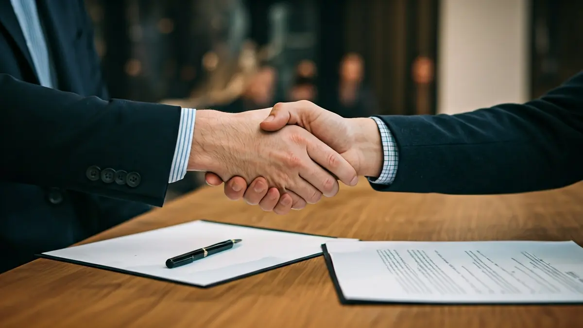 Imagen genérica de un acuerdo empresarial con dos manos estrechándose sobre un papeleo.