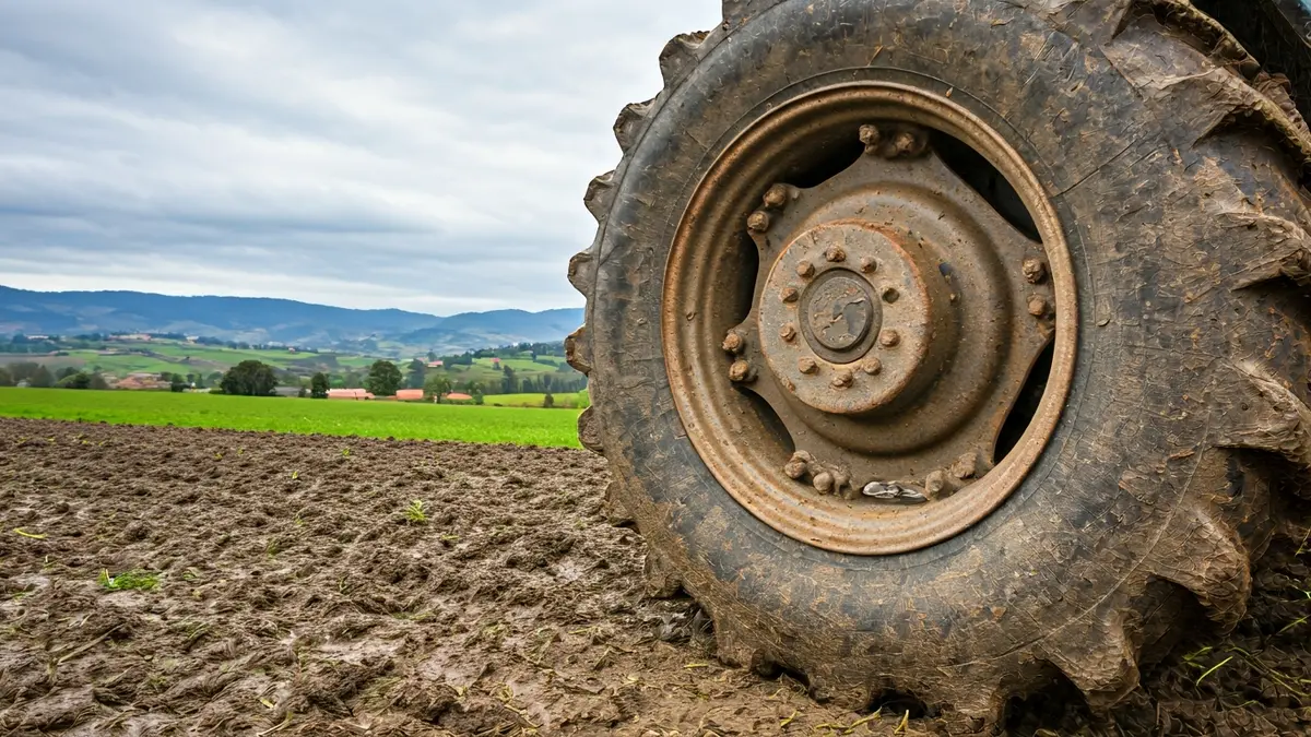 Imagen genérica de una rueda de tractor en un campo de cultivo.