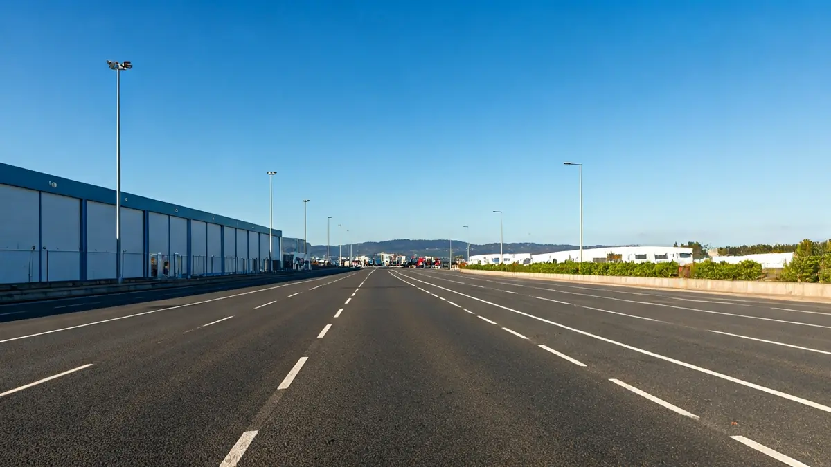 Imagen genérica de una carretera en un polígono industrial, con espacio para vehículos pesados.
