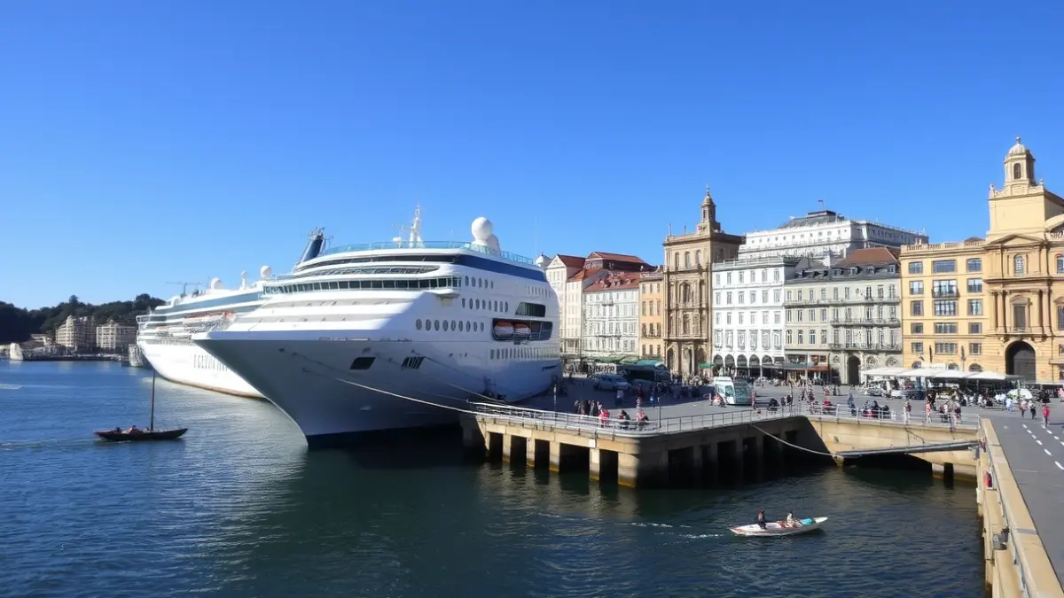 Imagen de un crucero atracado en el puerto de Vigo, con edificios históricos al fondo.