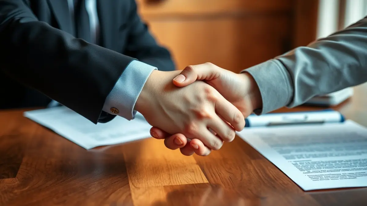 Imagen genérica de dos manos estrechándose sobre un escritorio con papeles borrosos.