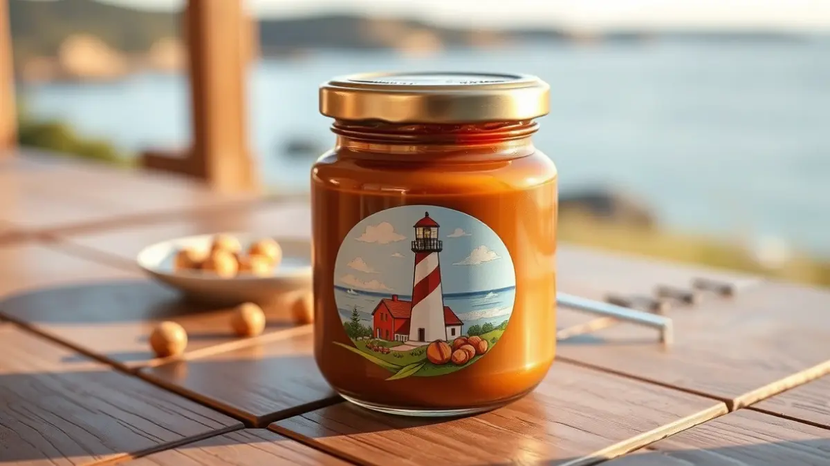 Tarro de crema de abelás cunha ilustración artística do Faro de Illa Pancha.