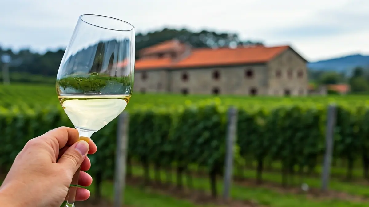 Imagen de una mano sosteniendo una copa de vino en una bodega gallega.