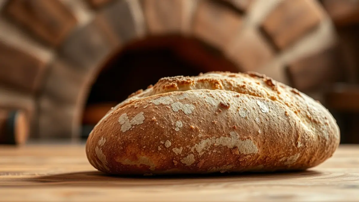 Imaxe xenérica dunha peza de pan galego artesanal sobre unha superficie de madeira.