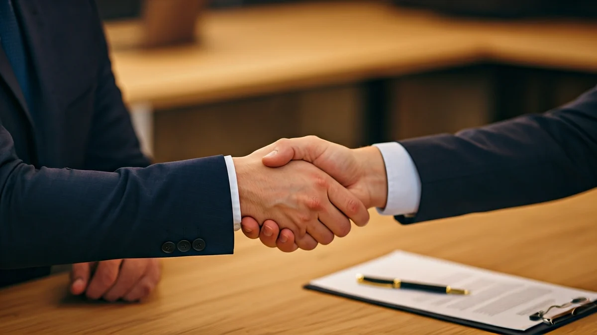 Imagen genérica de dos manos estrechándose sobre un escritorio, simbolizando apoyo empresarial.