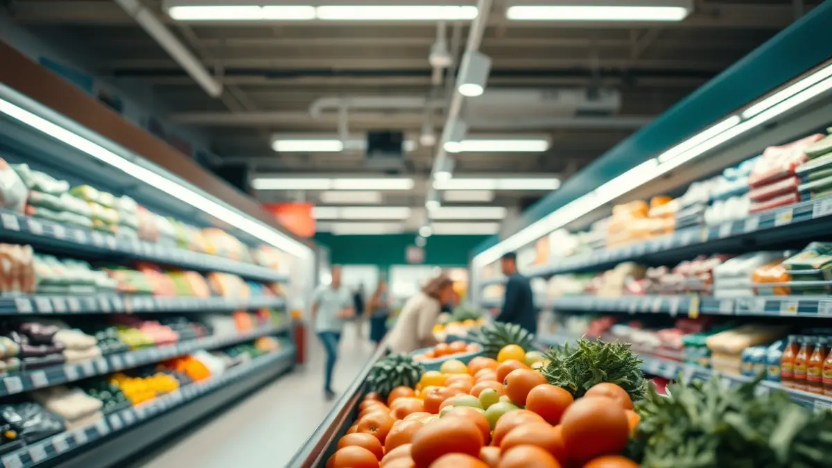 Imagen genérica de un supermercado moderno con estantes bien organizados y productos frescos.