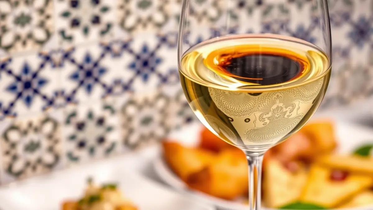 Copa de vino blanco con cerámica gallega y comida gourmet de fondo.