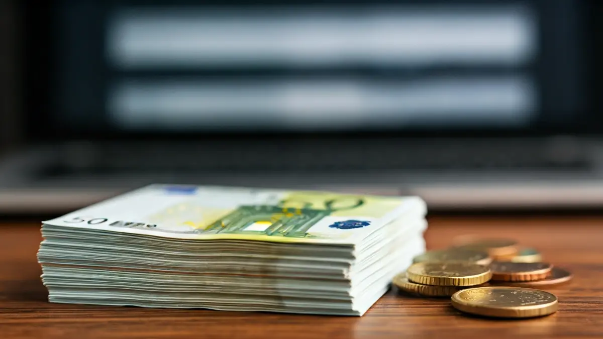 Imagen genérica de billetes y monedas de euro sobre una mesa, con gráficos financieros de fondo.