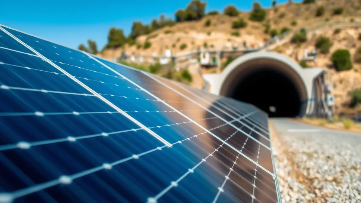 Paneles solares instalados en una infraestructura viaria, con la entrada de un túnel al fondo.